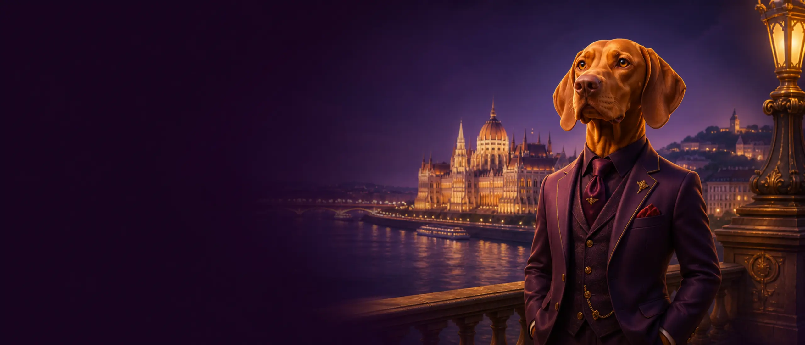 Magyar vizsla a kivilágított budapesti Országház és a Duna előtt